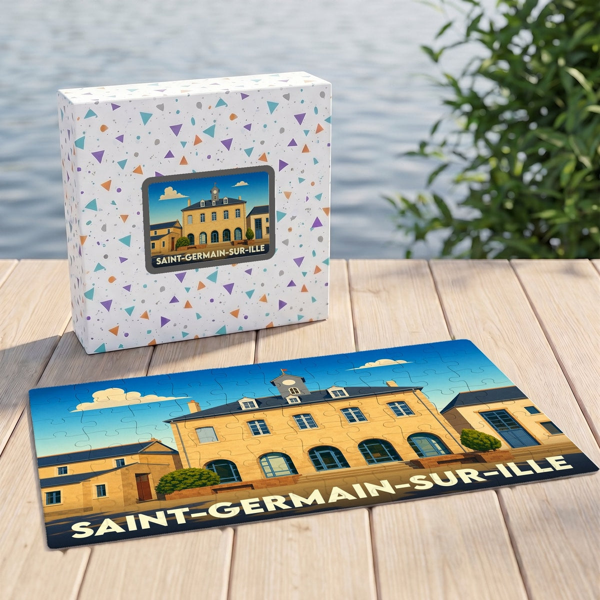 Puzzle souvenir de la ville de Saint-Germain-sur-Ille avec une illustration stylisée du bâtiment de la mairie.