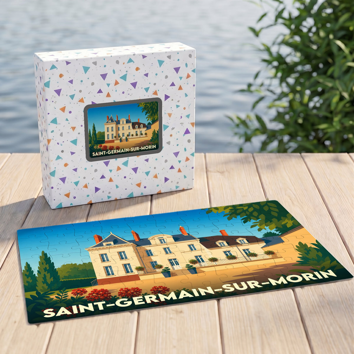 Puzzle souvenir de la ville de Saint-Germain-sur-Morin avec une illustration stylisée d'une demeure bourgeoise.