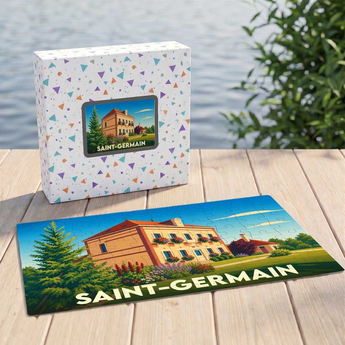 Puzzle souvenir de la ville de Saint-Germain avec une illustration stylisée d'une maison de maître.