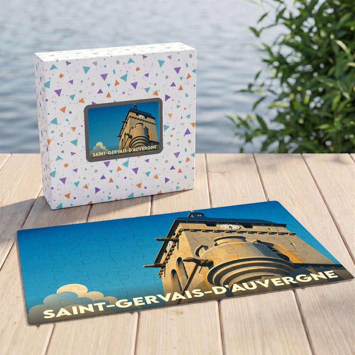 Puzzle souvenir de la ville de Saint-Gervais-d'Auvergne avec une illustration stylisée de son église.