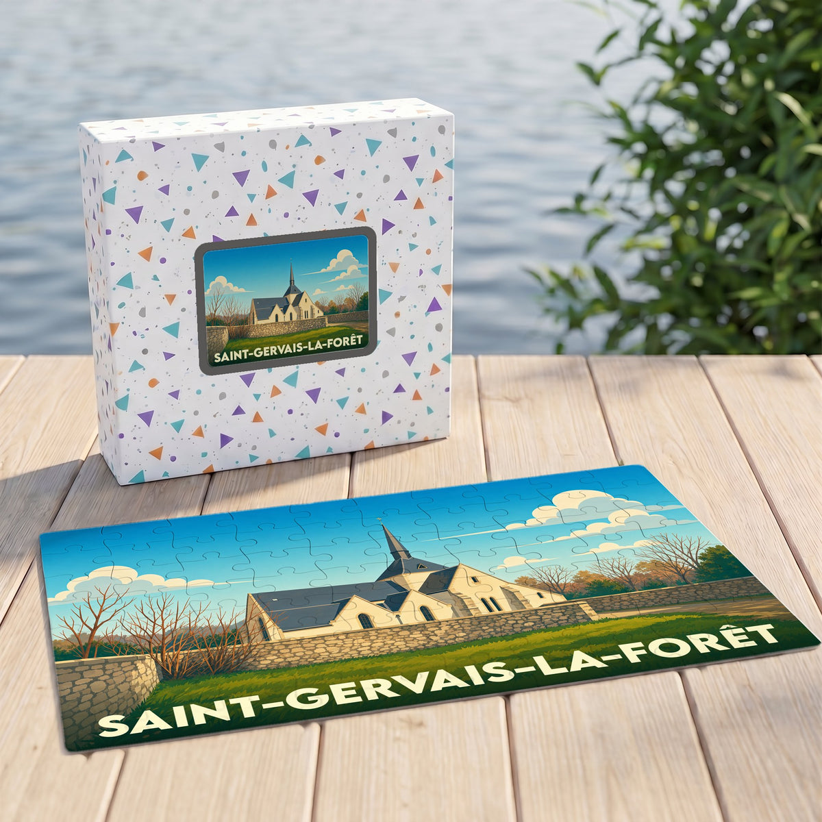 Puzzle souvenir de la ville de Saint-Gervais-la-Forêt avec une illustration stylisée de son église.