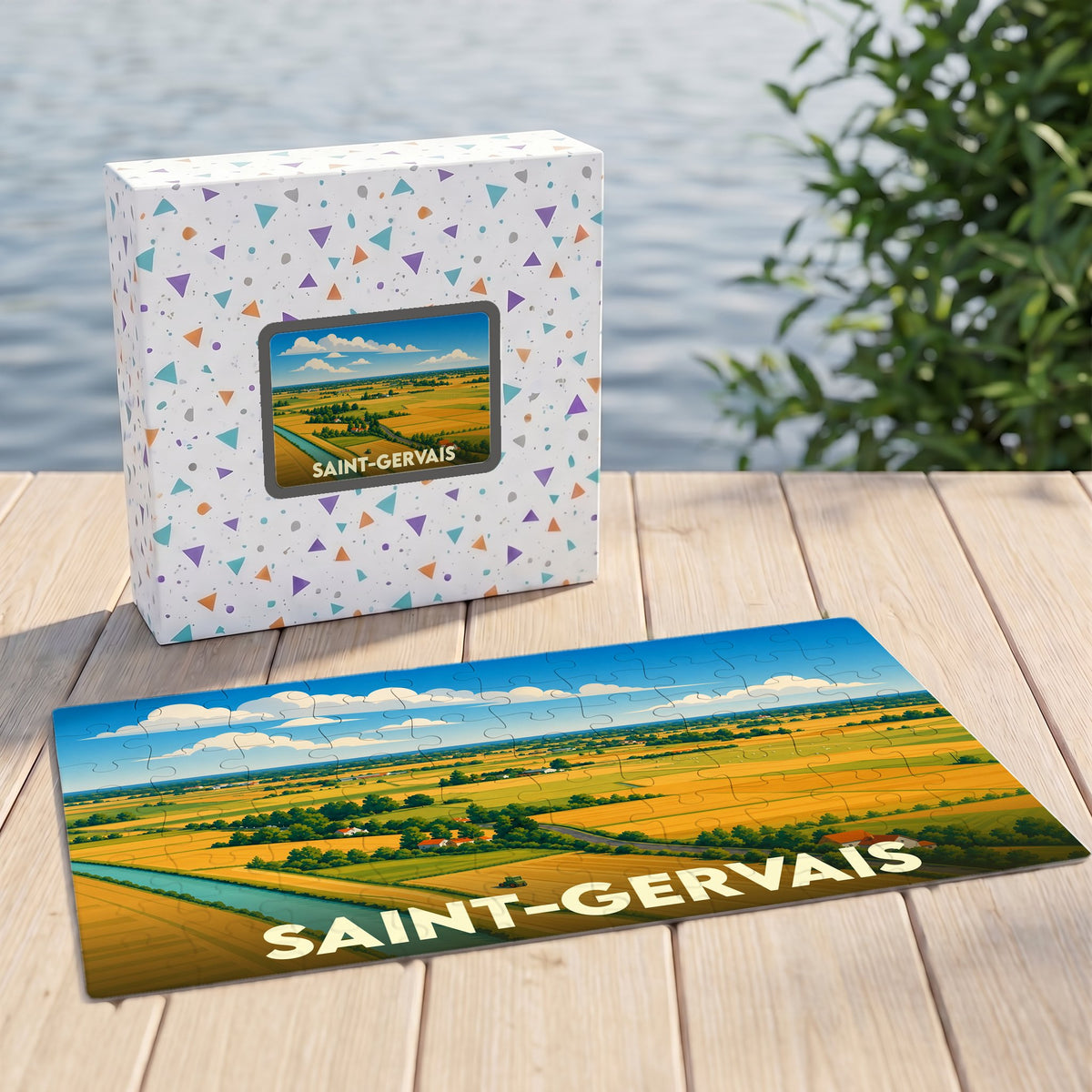 Puzzle souvenir de la ville de Saint-Gervais représentant un paysage de champs illustré.