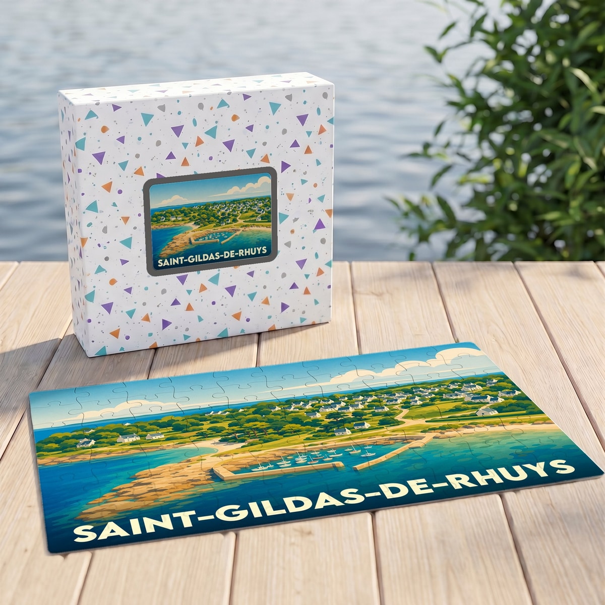Puzzle souvenir de la ville de Saint-Gildas-de-Rhuys avec une illustration stylisée de son littoral.