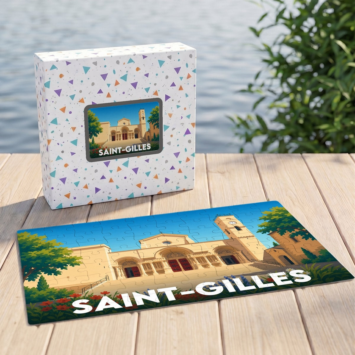 Puzzle souvenir de la ville de Saint-Gilles présentant une illustration stylisée de son église et de sa boîte assortie.