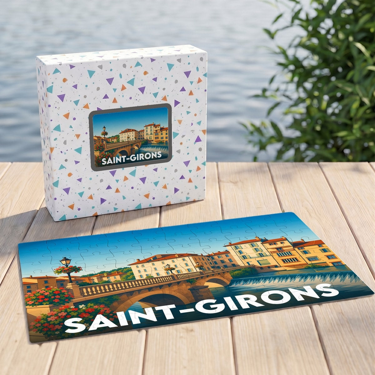 Puzzle souvenir de la ville de Saint-Girons avec une illustration stylisée de son pont et de ses façades colorées.