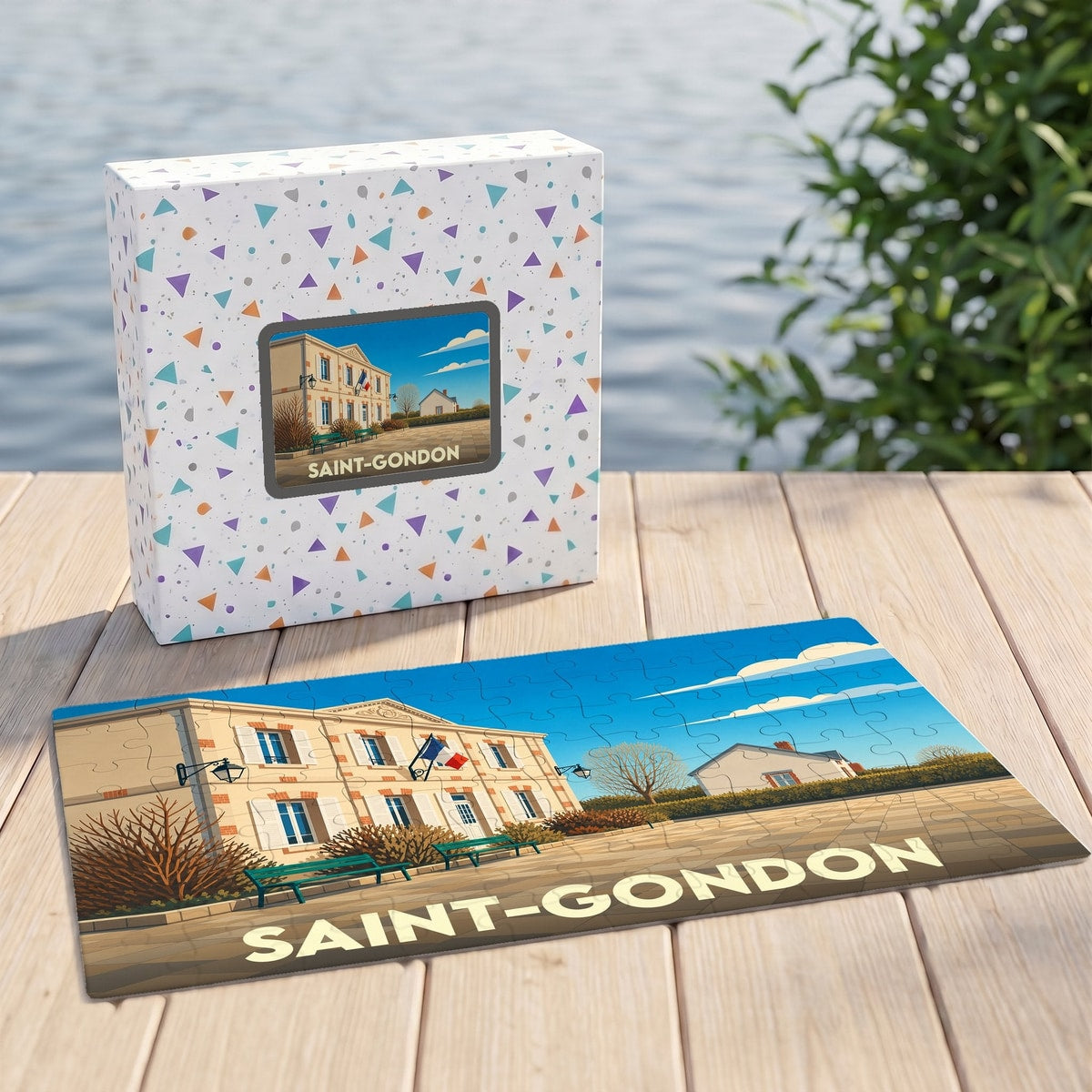 Puzzle souvenir de la ville de Saint-Gondon avec une illustration stylisée d'un bâtiment officiel.