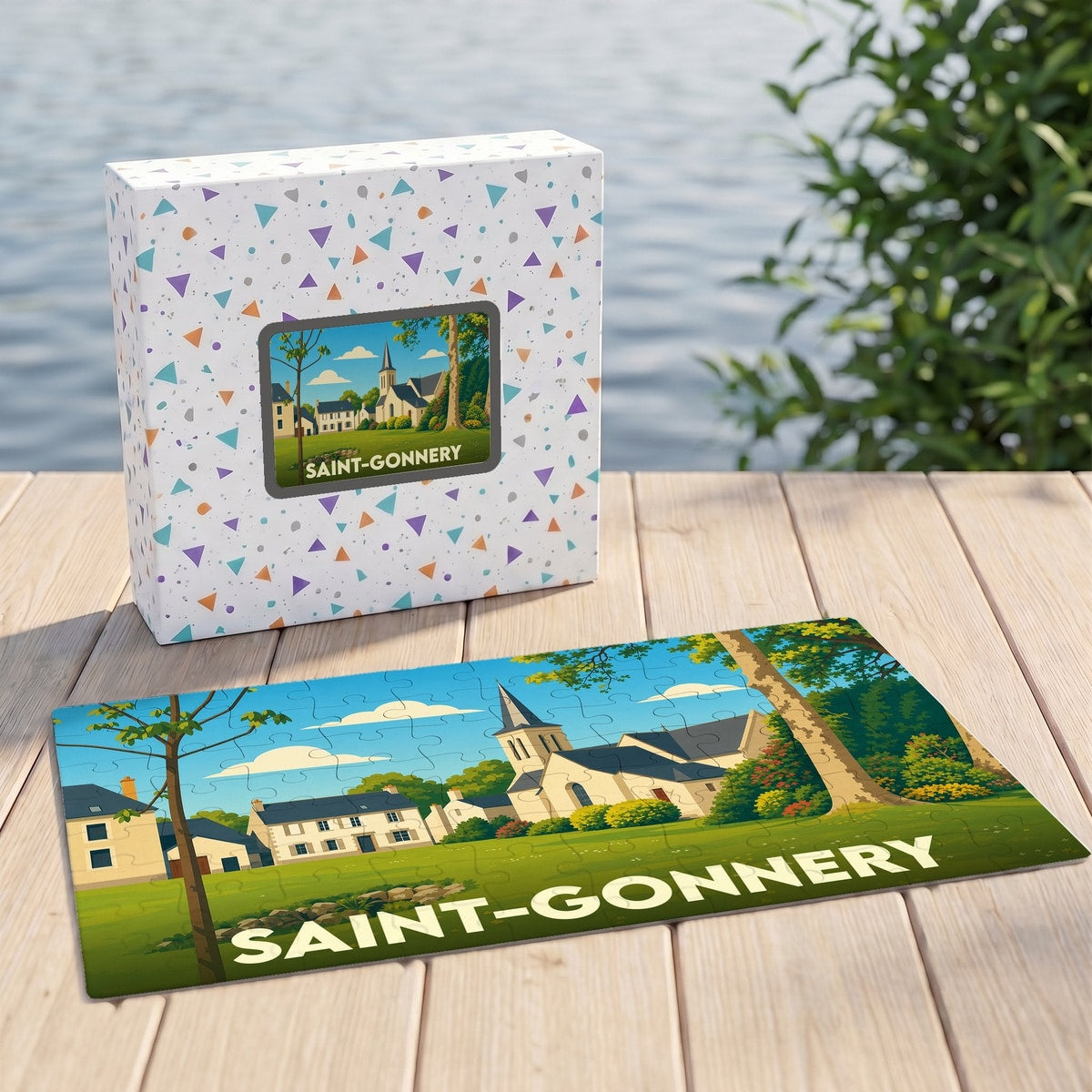 Puzzle souvenir de la ville de Saint-Gonnery présentant une illustration stylisée de son église et de ses maisons traditionnelles.