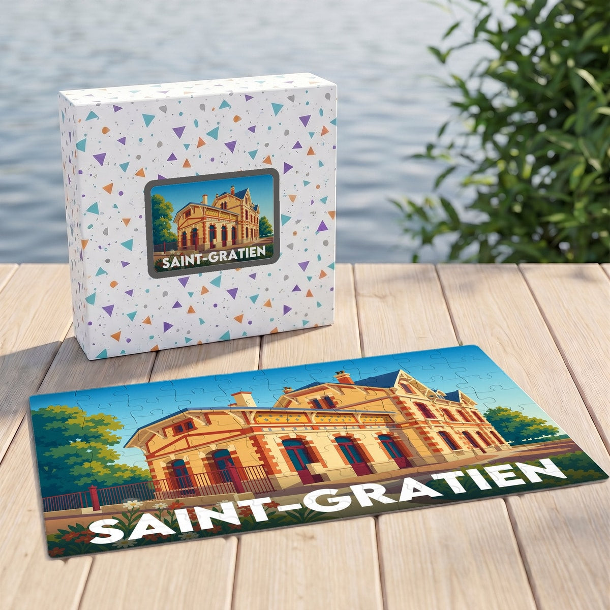 Puzzle souvenir de la ville de Saint-Gratien avec une illustration stylisée d'un bâtiment historique.