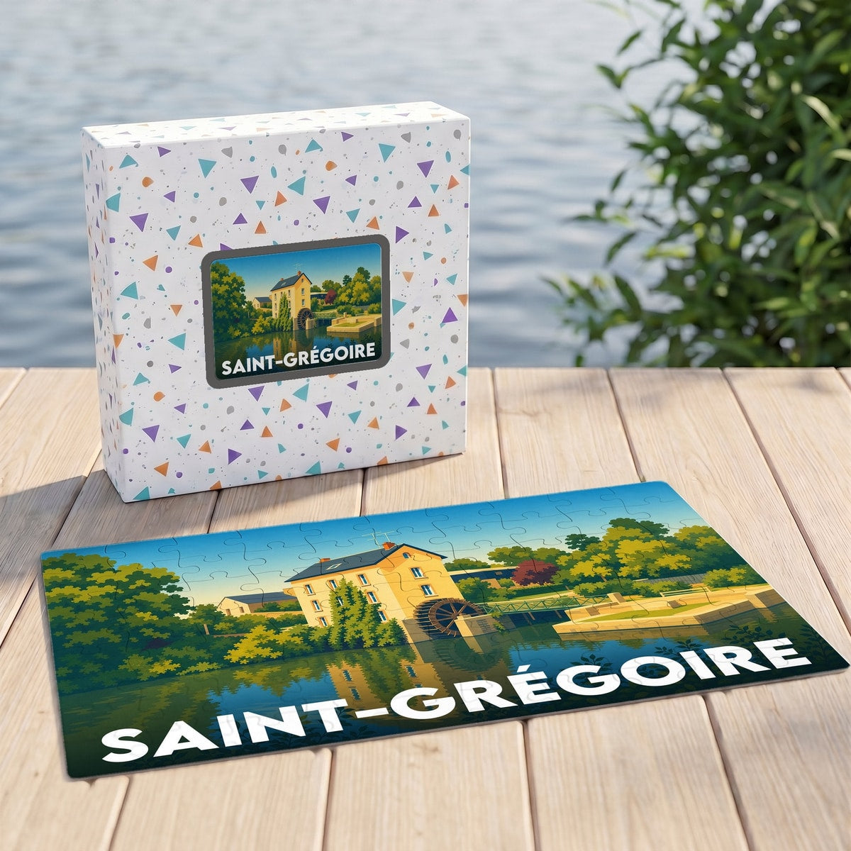 Puzzle souvenir de la ville de Saint-Grégoire représentant un moulin au bord de l'eau dans un style illustré.