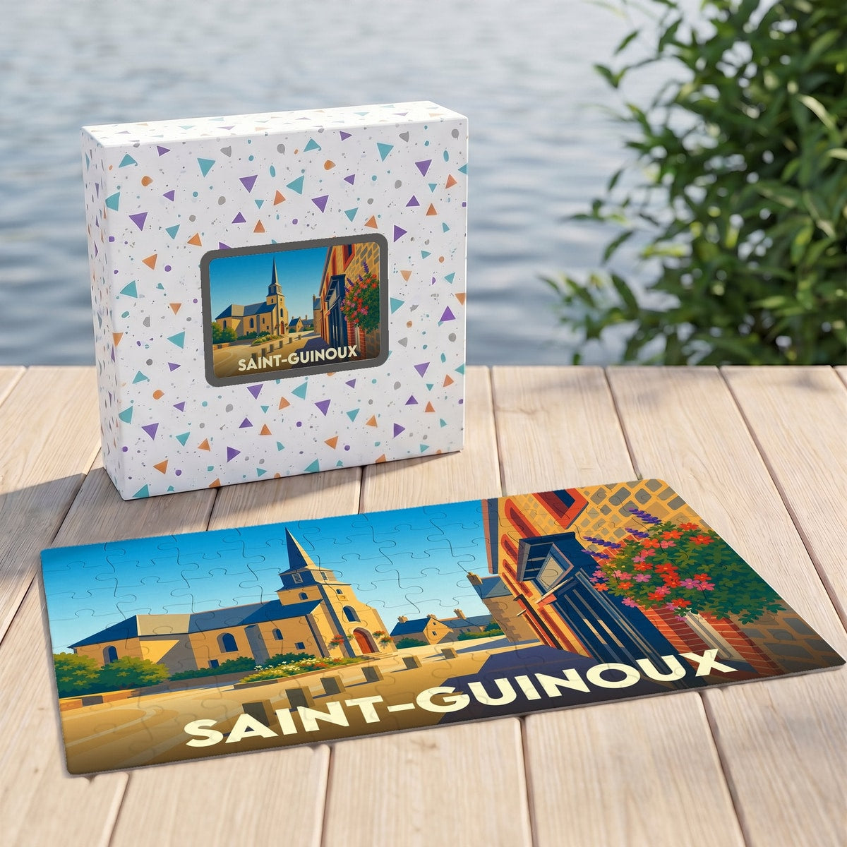 Puzzle souvenir de la ville de Saint-Guinoux avec une illustration stylisée.