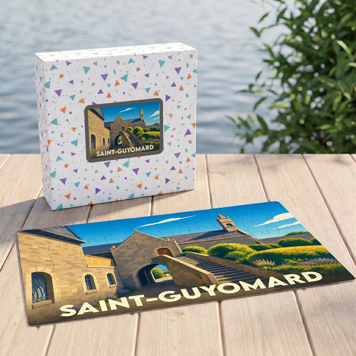 Puzzle souvenir de la ville de Saint-Guyomard avec une illustration stylisée d'un bâtiment historique en pierre.