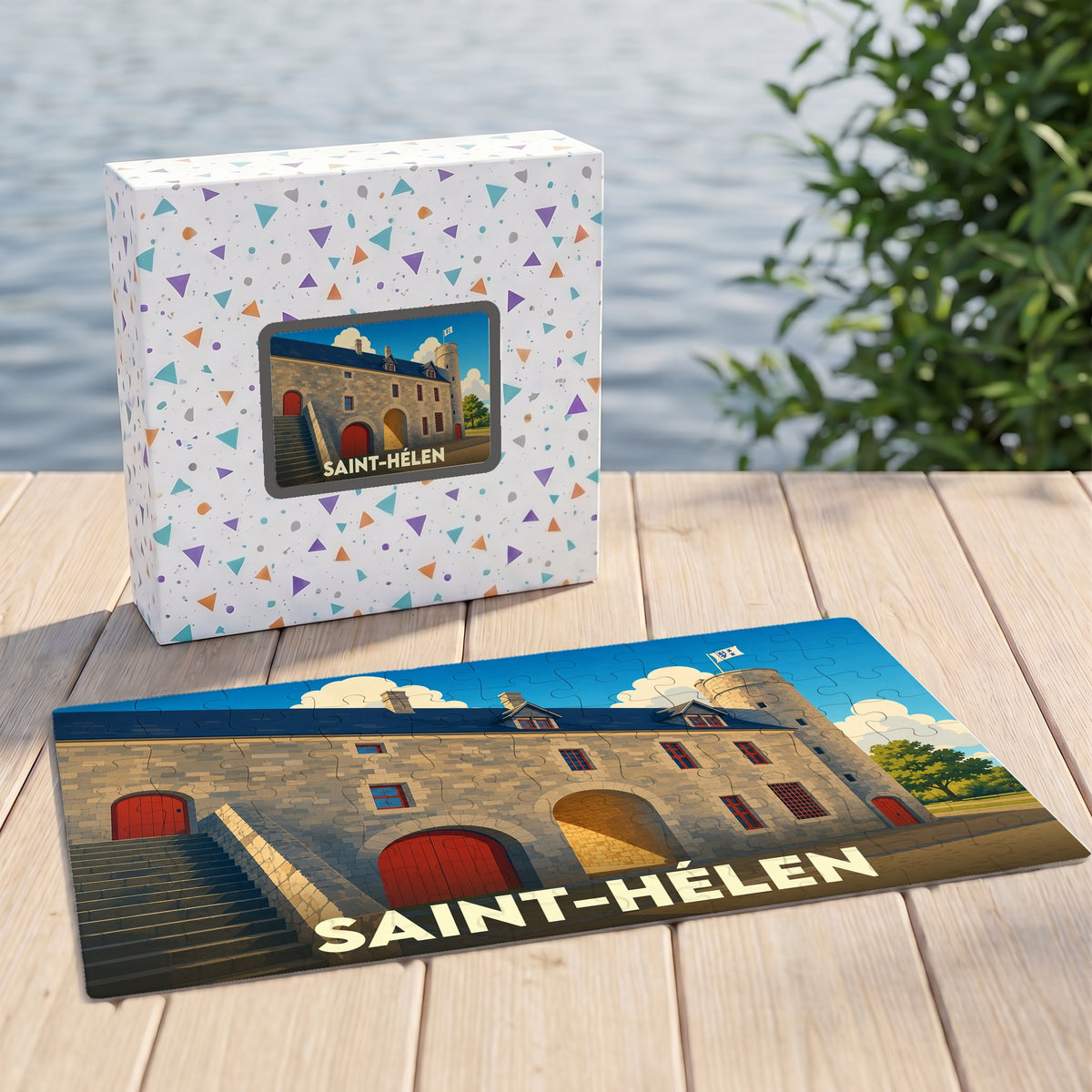 Puzzle souvenir de la ville de Saint-Hélen avec une illustration stylisée d'un bâtiment historique en pierre.