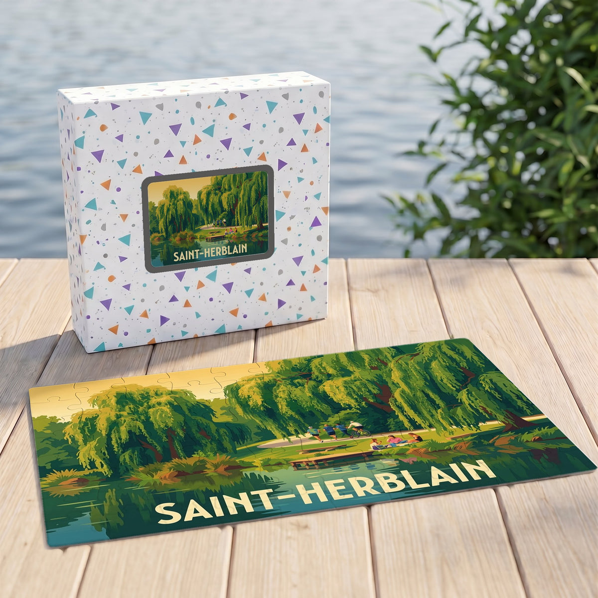 Puzzle souvenir de la ville de Saint-Herblain illustré d'un paysage verdoyant de bord de l'eau.