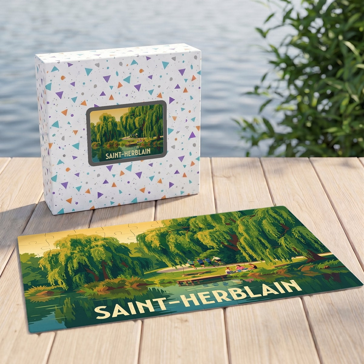 Puzzle souvenir de la ville de Saint-Herblain illustré d'un paysage verdoyant de bord de l'eau.