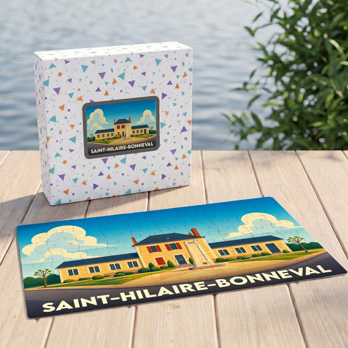 Puzzle souvenir de la ville de Saint-Hilaire-Bonneval avec une illustration stylisée de son architecture.