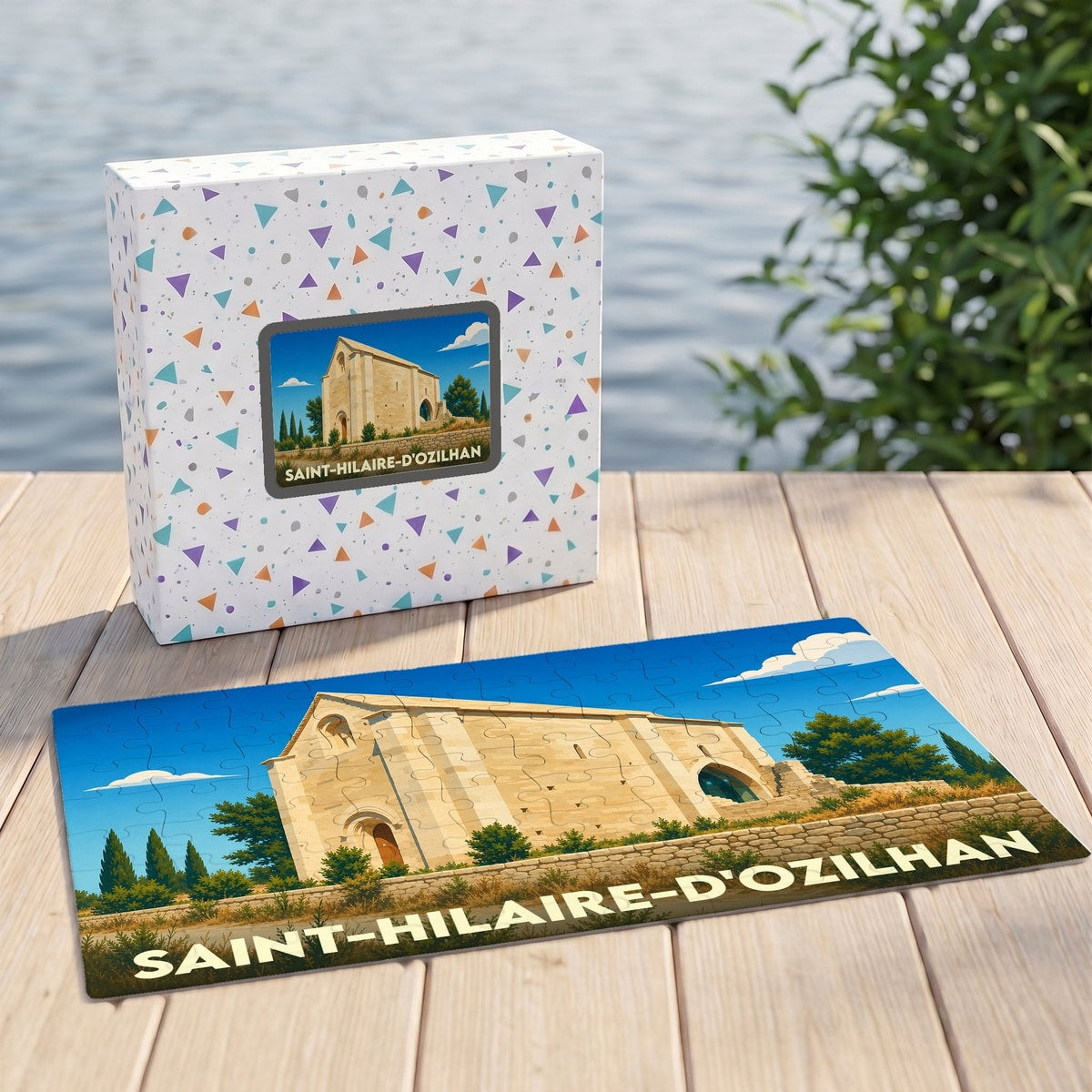 Puzzle souvenir de la ville de Saint-Hilaire-d'Ozilhan représentant une église ancienne avec une illustration stylisée.