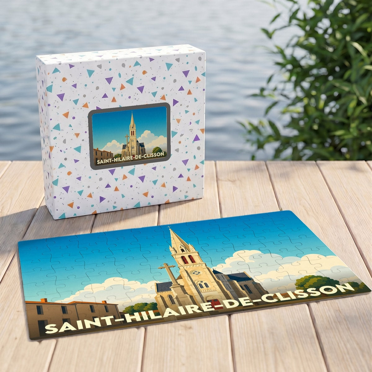 Puzzle souvenir de la ville de Saint-Hilaire-de-Clisson avec une illustration stylisée de son église.