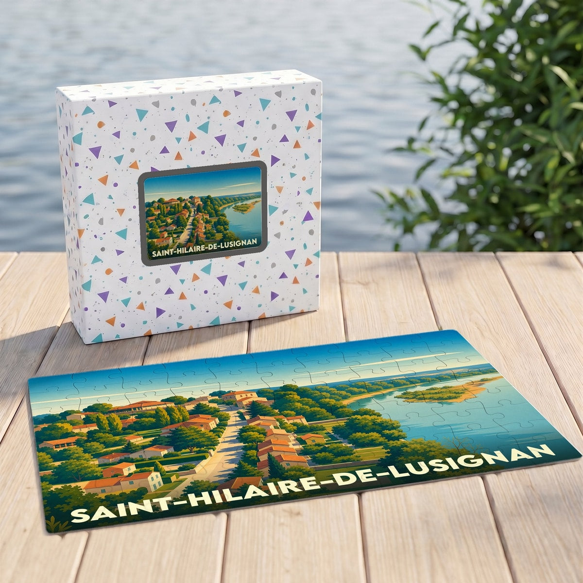 Puzzle souvenir de la ville de Saint-Hilaire-de-Lusignan avec une illustration stylisée de son paysage au bord de l'eau.