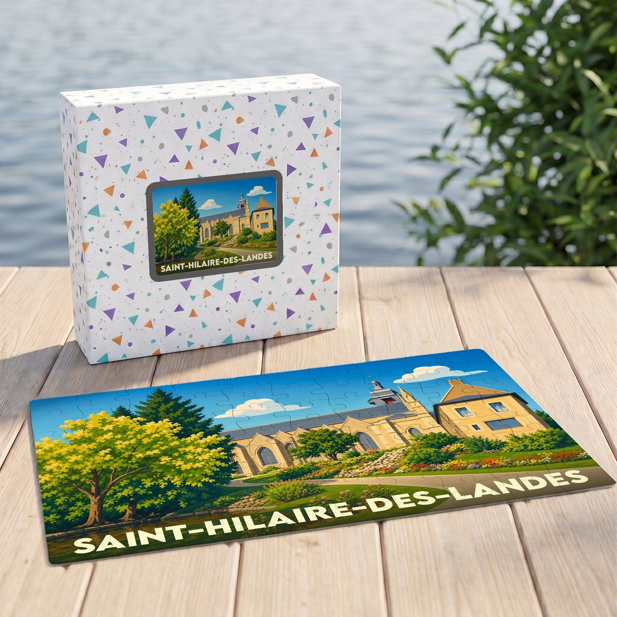 Puzzle souvenir de la ville de Saint-Hilaire-des-Landes avec une illustration stylisée de son église et de ses jardins.