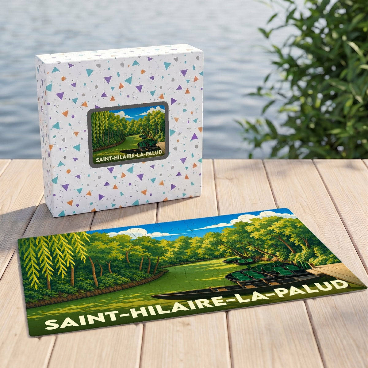 Puzzle souvenir de la ville de Saint-Hilaire-la-Palud illustrant une promenade en barque dans le Marais poitevin.