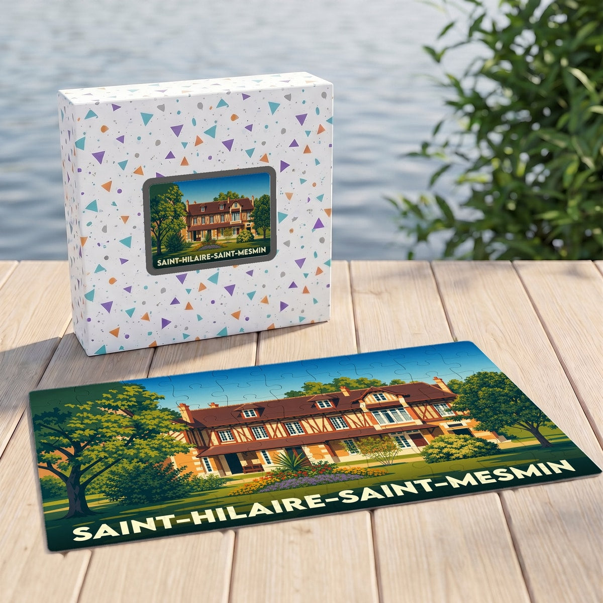 Puzzle souvenir de la ville de Saint-Hilaire-Saint-Mesmin avec une illustration stylisée d'une grande demeure.