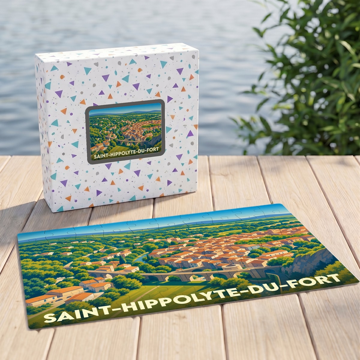 Puzzle souvenir de la ville de Saint-Hippolyte-du-Fort avec une illustration panoramique stylisée.