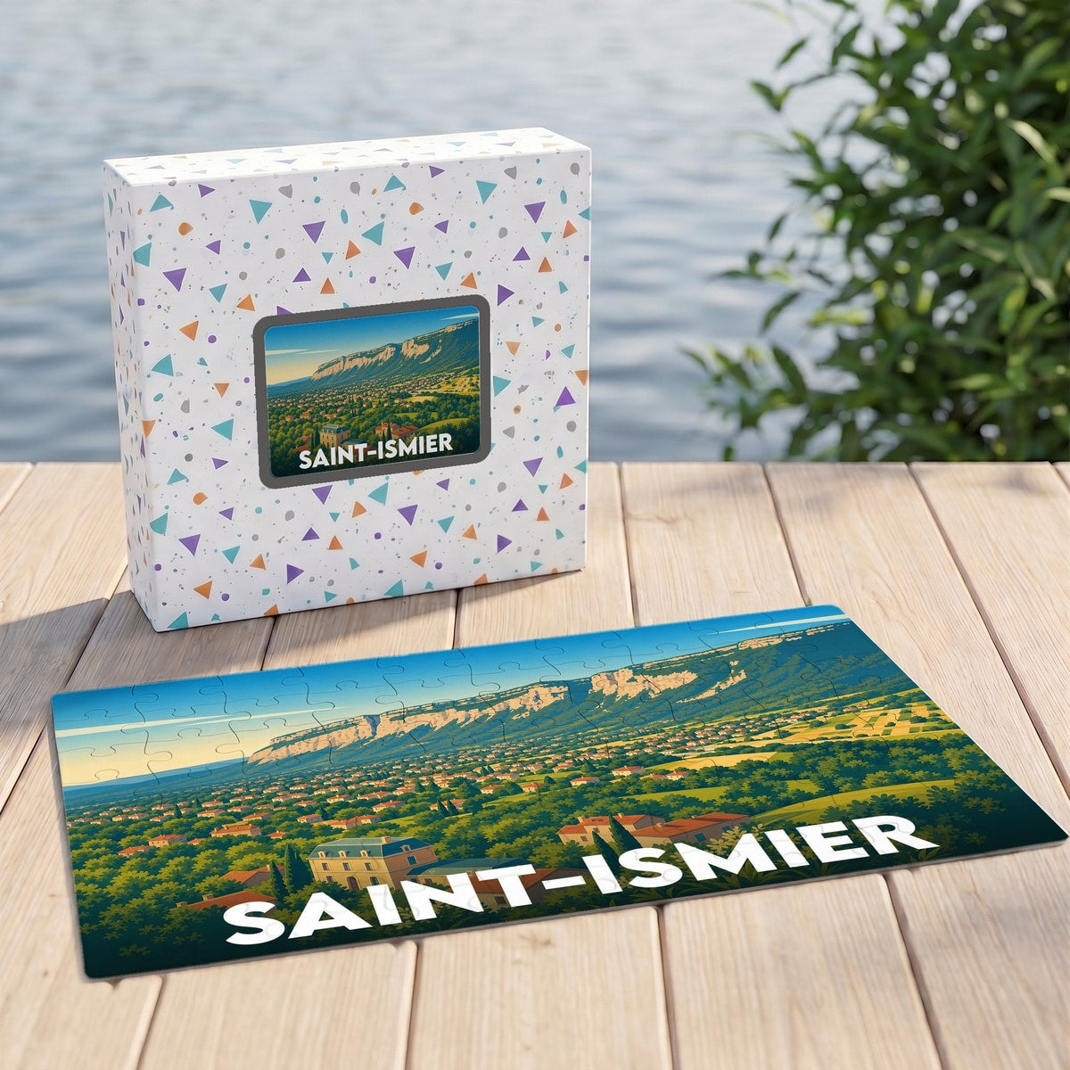 Puzzle souvenir de la ville de Saint-Ismier avec une illustration stylisée de son paysage montagneux.