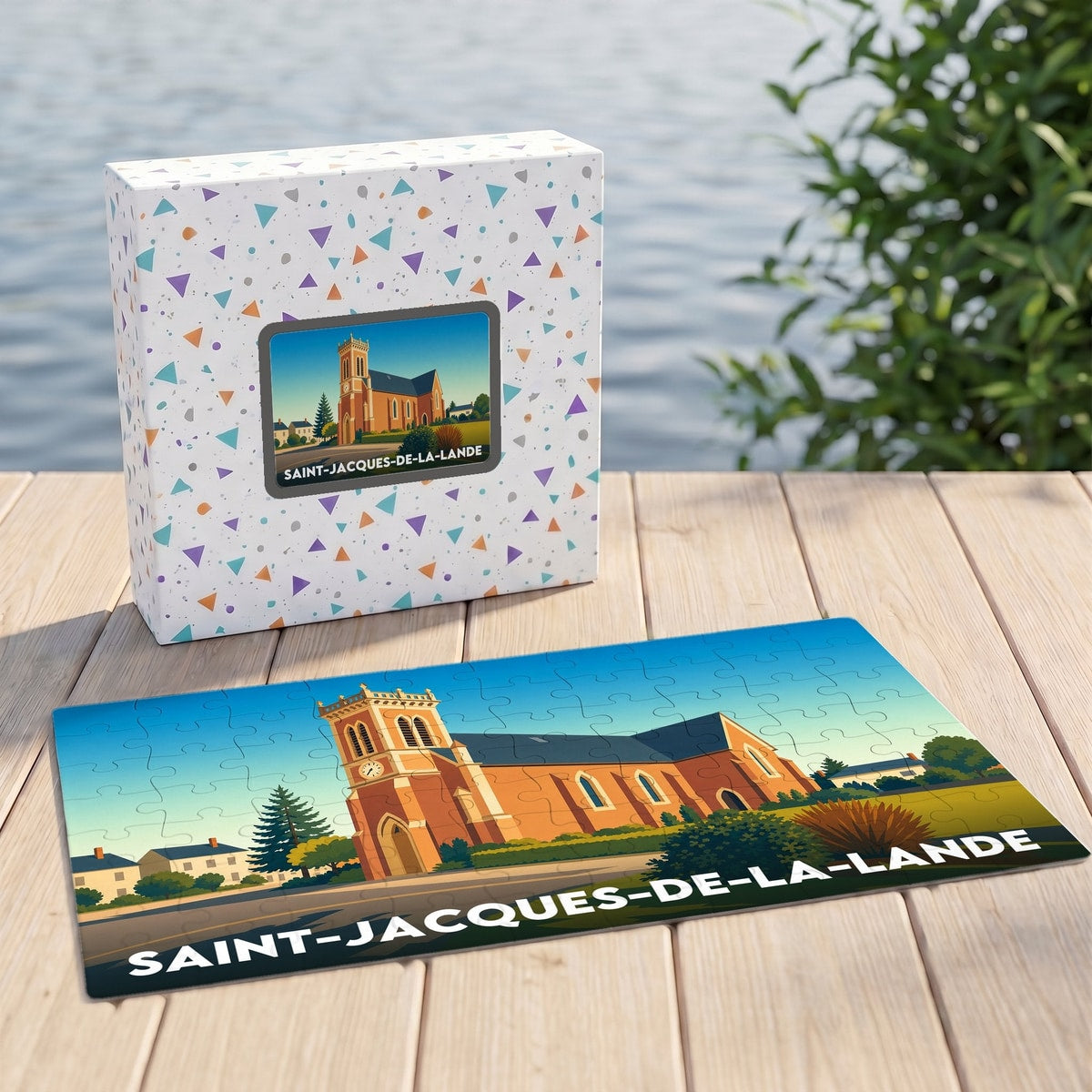 Puzzle souvenir de la ville de Saint-Jacques-de-la-Lande avec une illustration stylisée de son église.