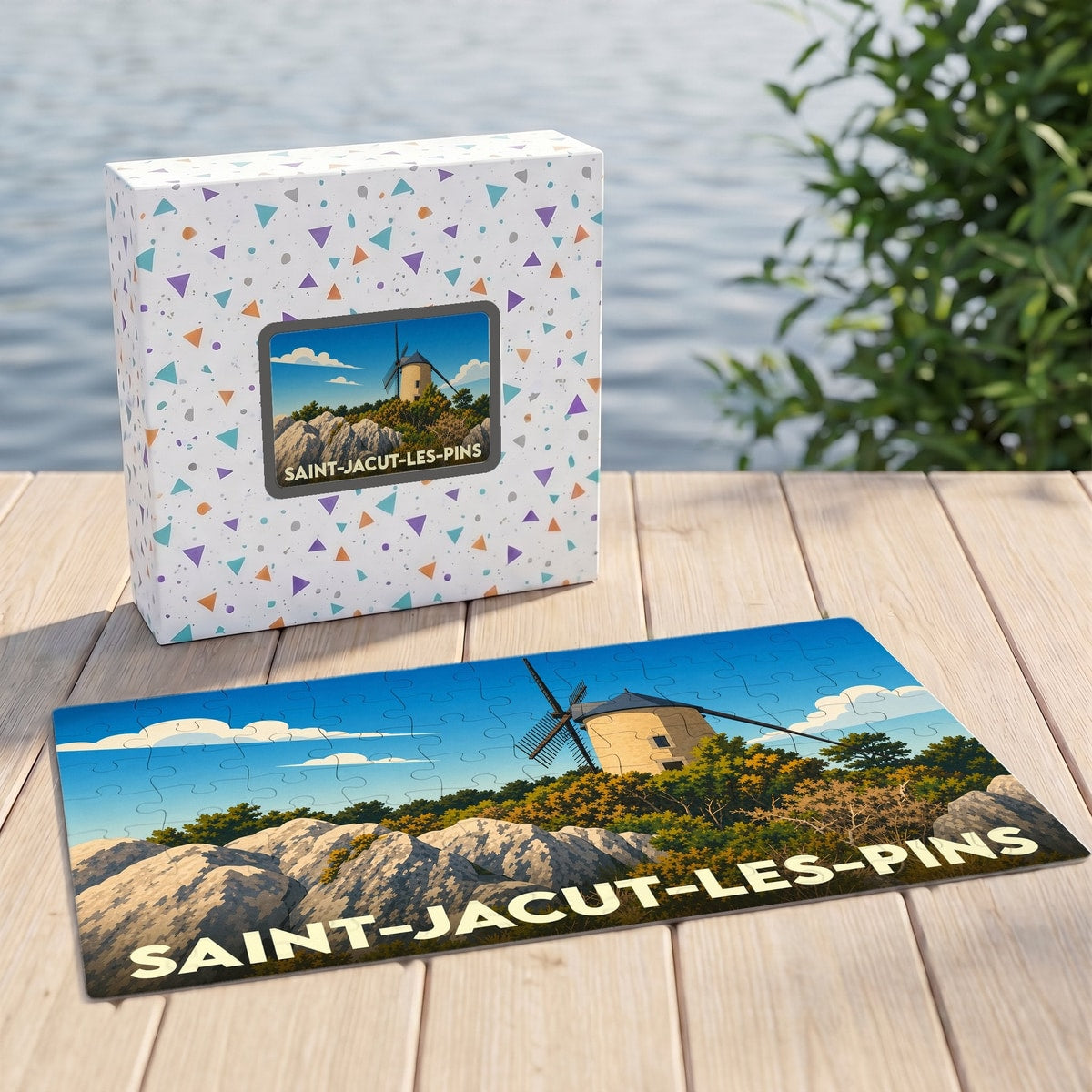Puzzle souvenir de la ville de Saint-Jacut-les-Pins avec une illustration stylisée représentant un moulin.