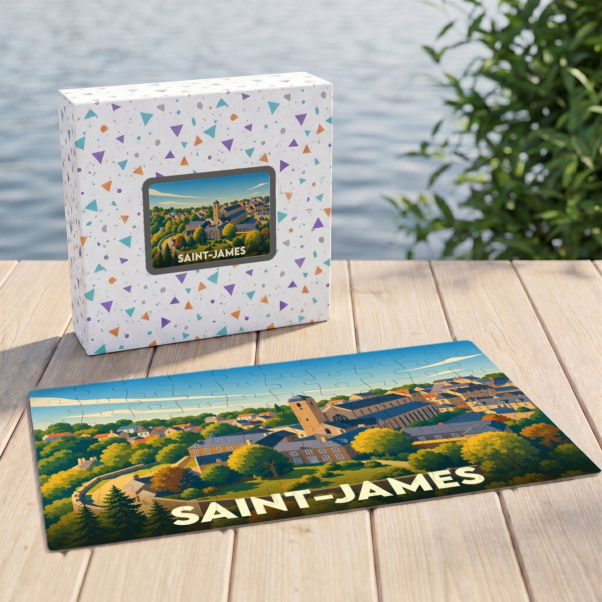 Puzzle souvenir de la ville de Saint-James avec une illustration paysagère colorée.