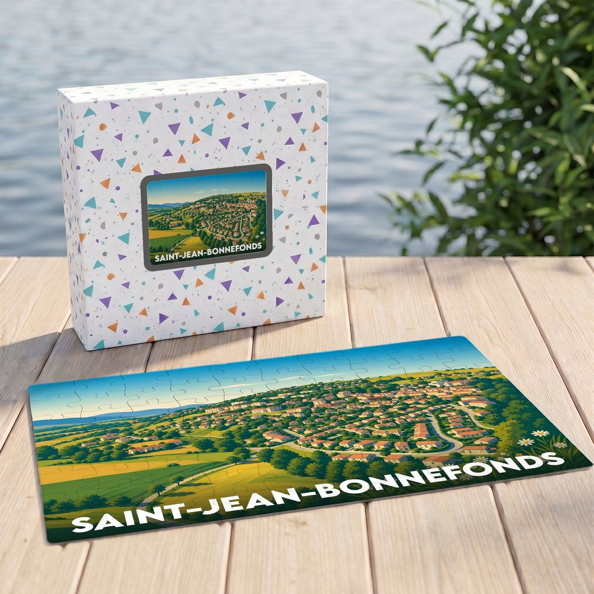 Puzzle souvenir de la ville de Saint-Jean-Bonnefonds avec une illustration stylisée de son paysage urbain et de ses collines.