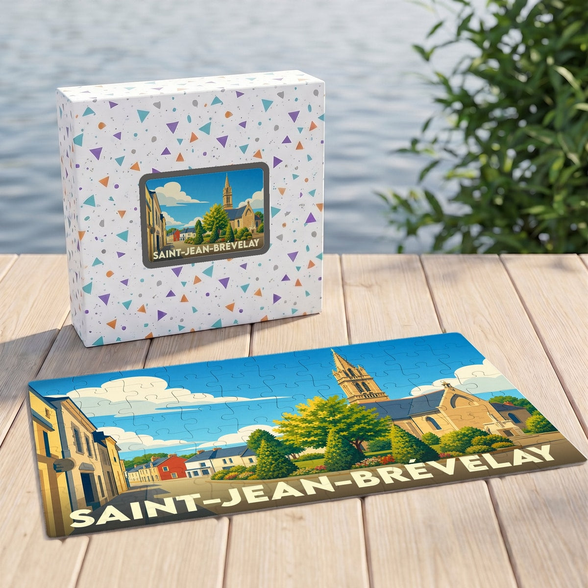Puzzle souvenir de la ville de Saint-Jean-Brévelay avec une illustration stylisée et colorée.
