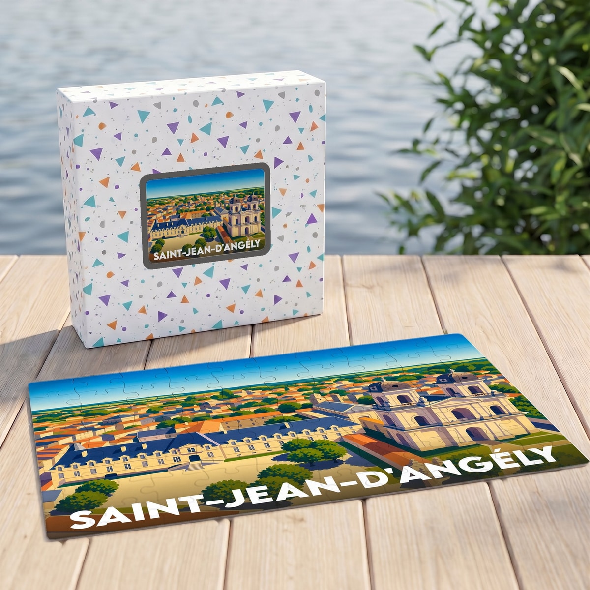 Puzzle souvenir de la ville de Saint-Jean-d'Angély avec une illustration stylisée de son patrimoine architectural.