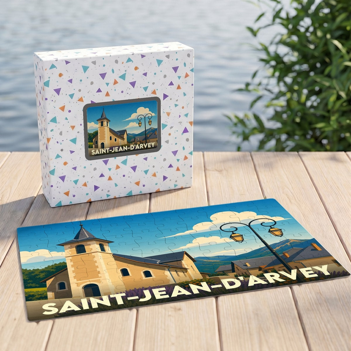 Puzzle souvenir de la ville de Saint-Jean-d'Arvey avec une illustration stylisée d'une église de montagne.
