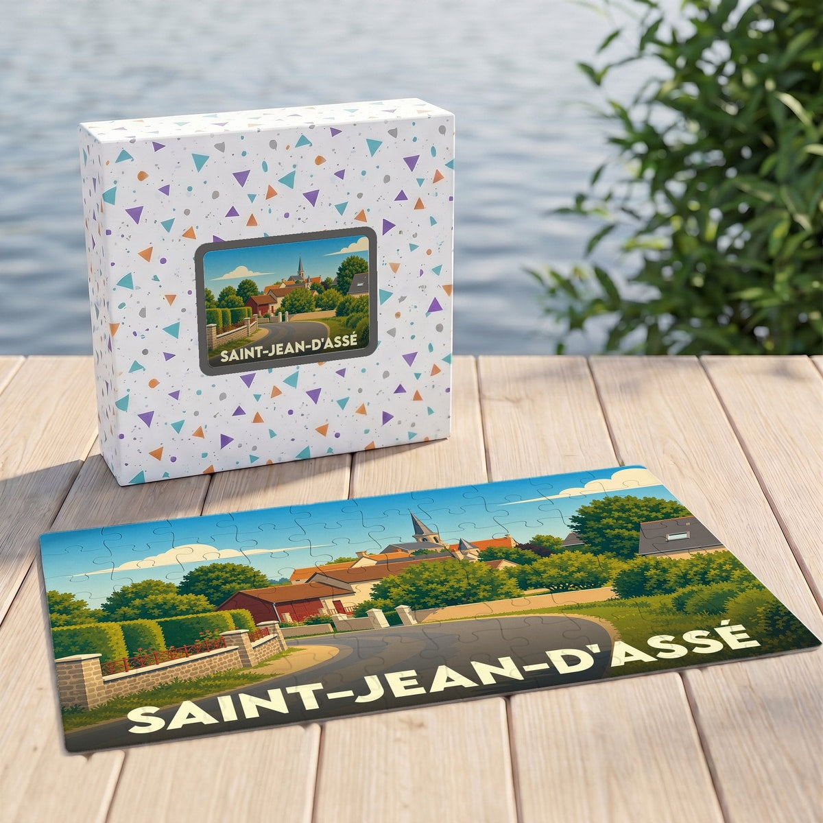Puzzle souvenir de la ville de Saint-Jean-d'Assé avec une illustration stylisée d'un paysage de village.