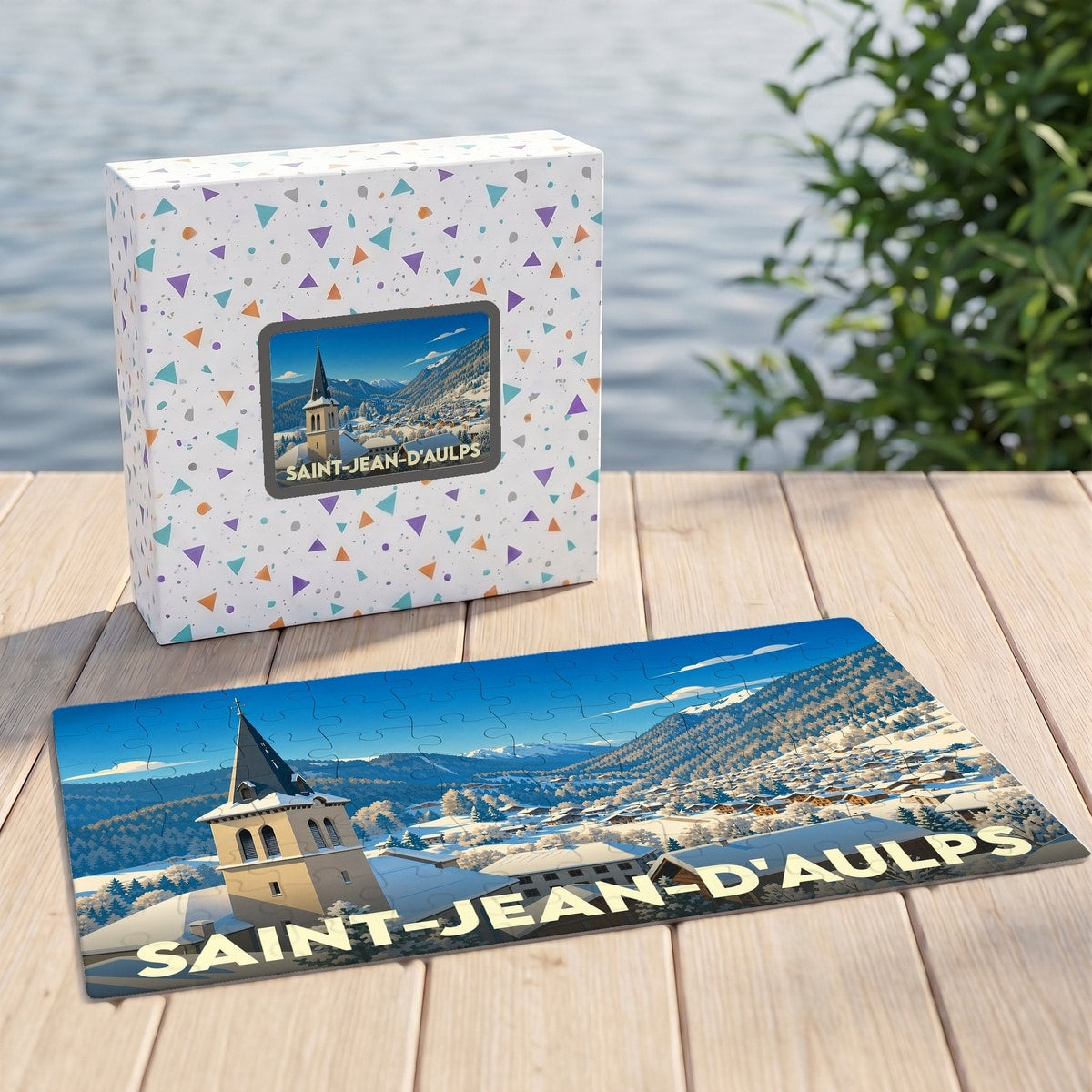 Puzzle souvenir de la ville de Saint-Jean-d'Aulps avec une illustration hivernale stylisée.