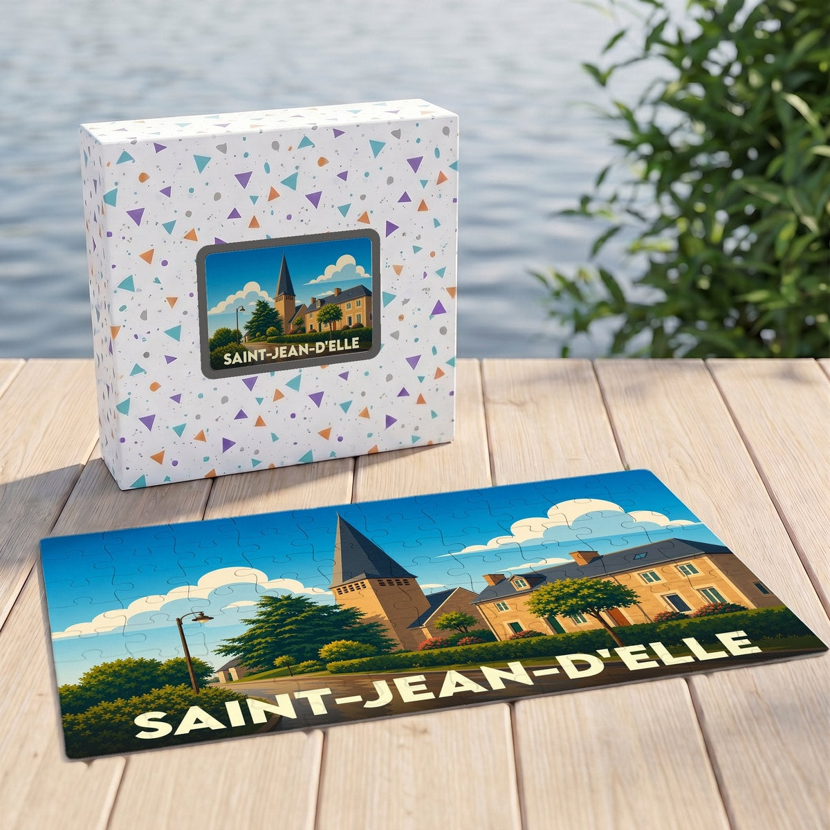 Puzzle souvenir de la ville de Saint-Jean-d'Elle avec une illustration stylisée et colorée.