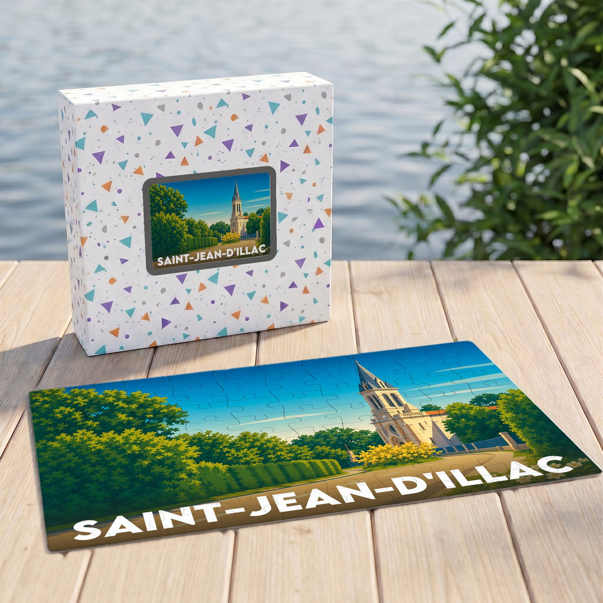 Puzzle souvenir de la ville de Saint-Jean-d'Illac avec une illustration stylisée de son église.
