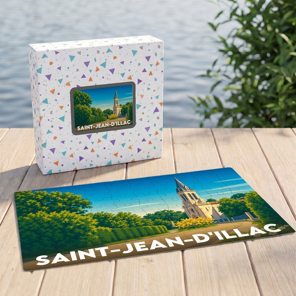 Puzzle souvenir de la ville de Saint-Jean-d'Illac avec une illustration stylisée de son église.