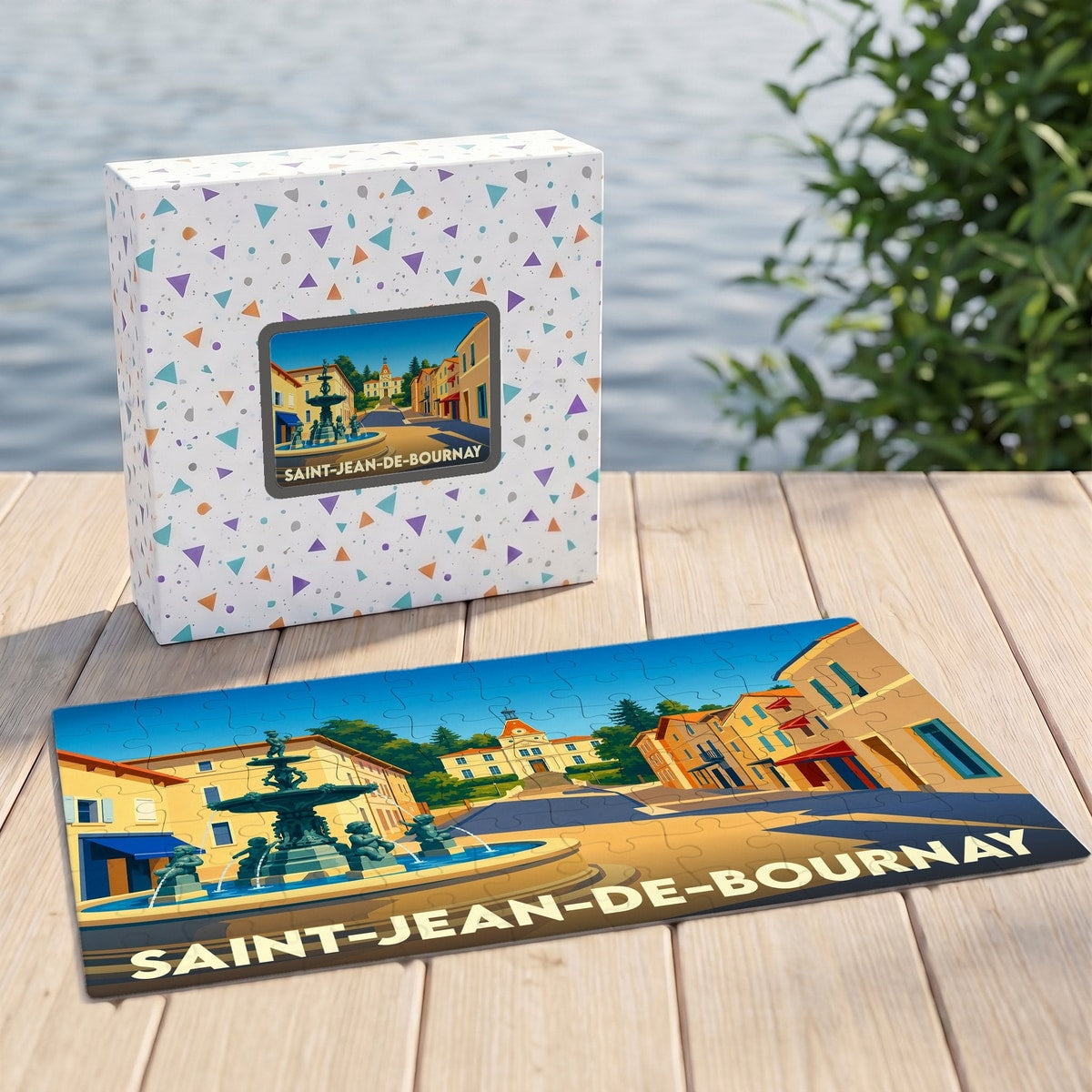 Puzzle souvenir de la ville de Saint-Jean-de-Bournay avec une illustration colorée et stylisée de sa place principale.