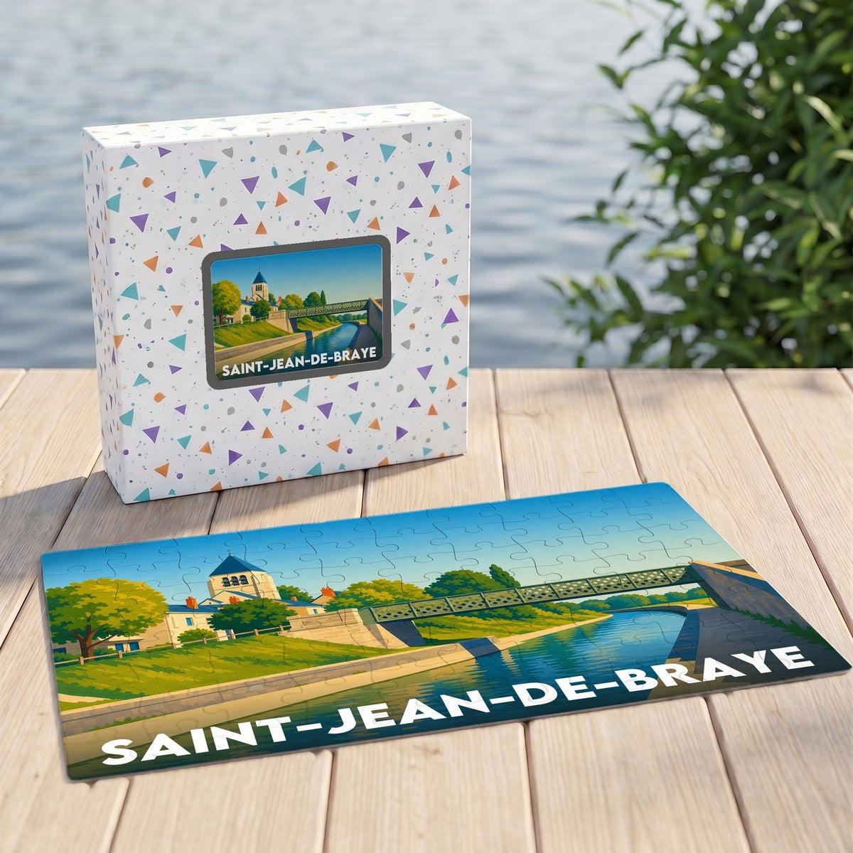 Puzzle souvenir de la ville de Saint-Jean-de-Braye avec une illustration stylisée de ses bords de Loire.