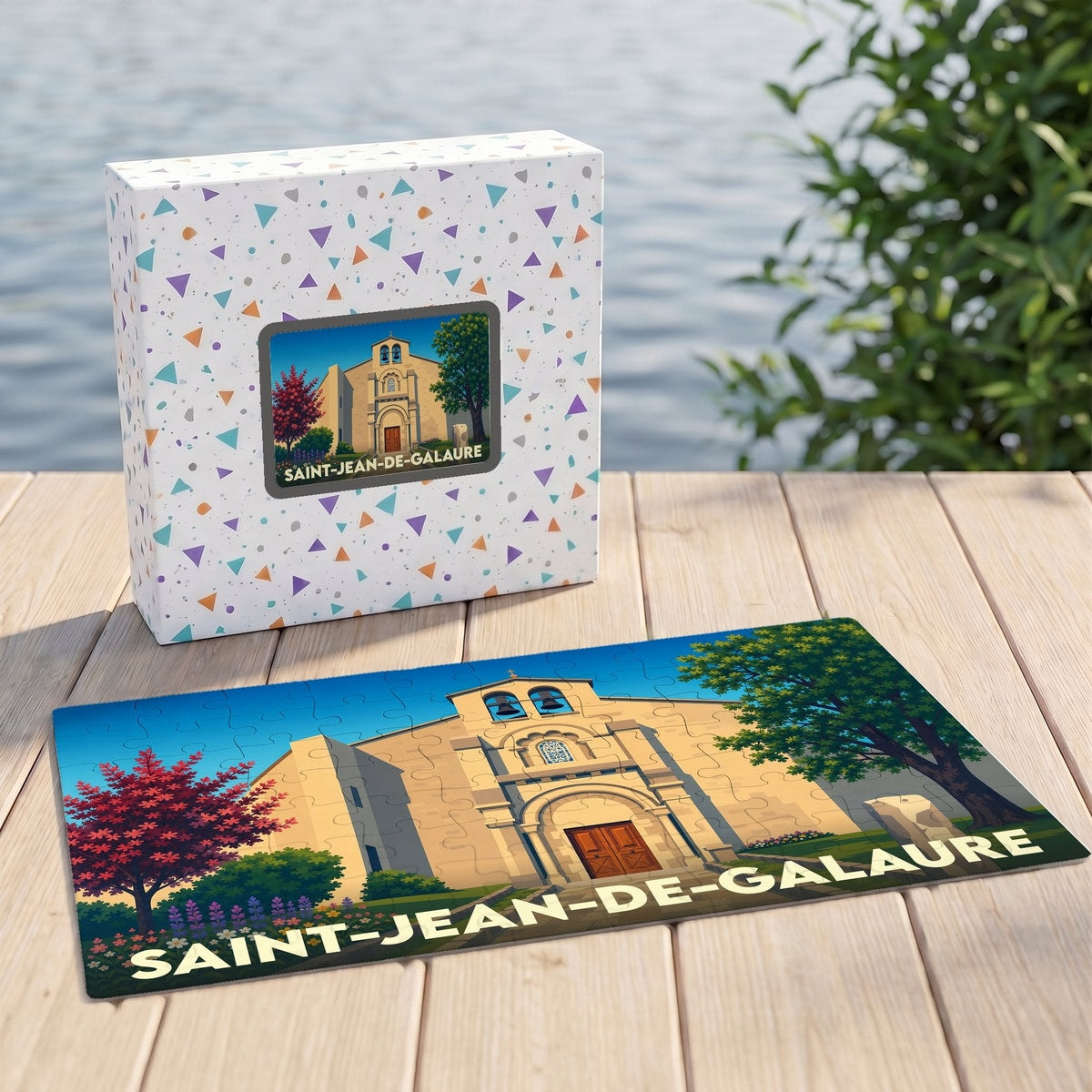 Puzzle souvenir de la ville de Saint-Jean-de-Galaure avec une illustration stylisée de son église.