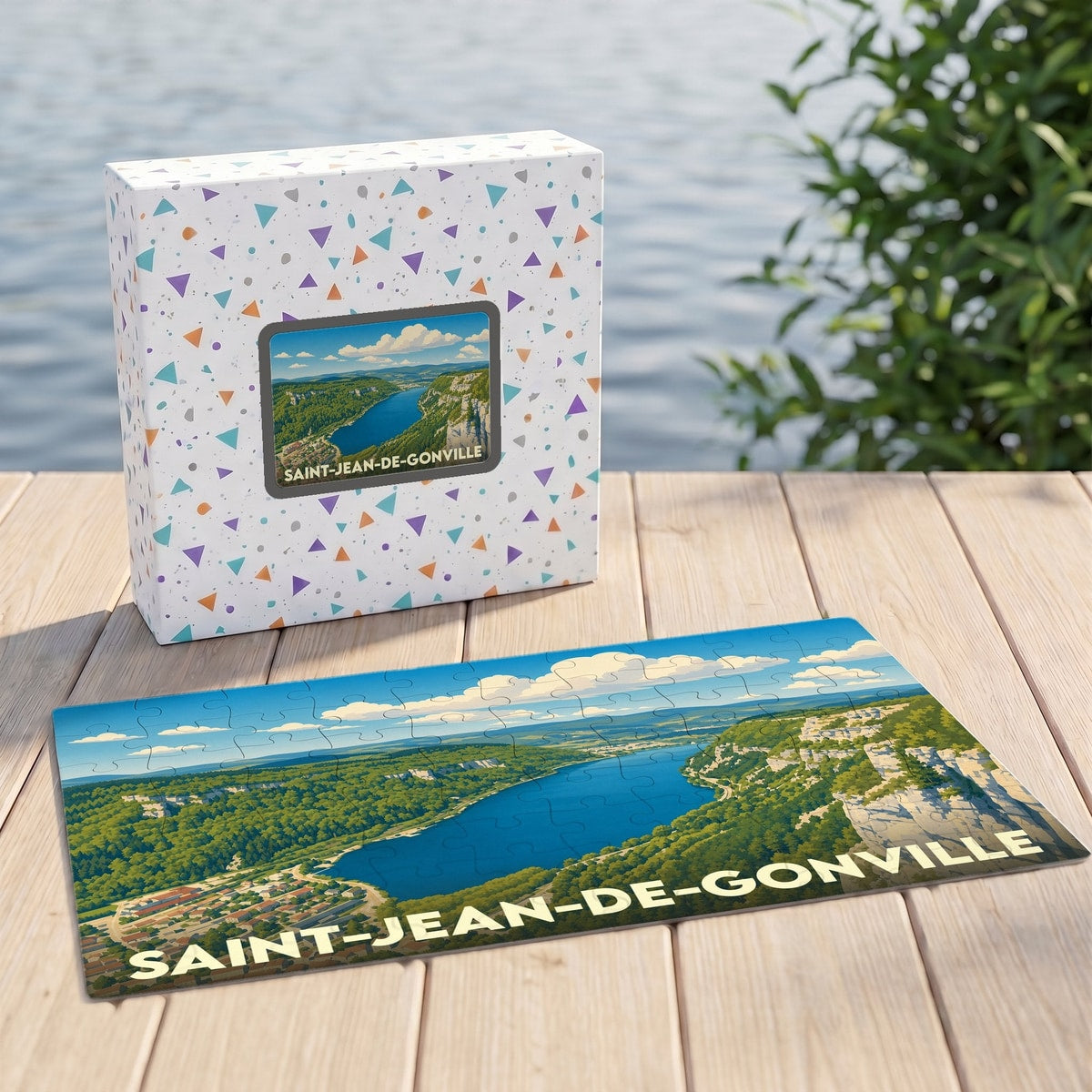 Puzzle souvenir de la ville de Saint-Jean-de-Gonville avec une illustration paysagère stylisée.