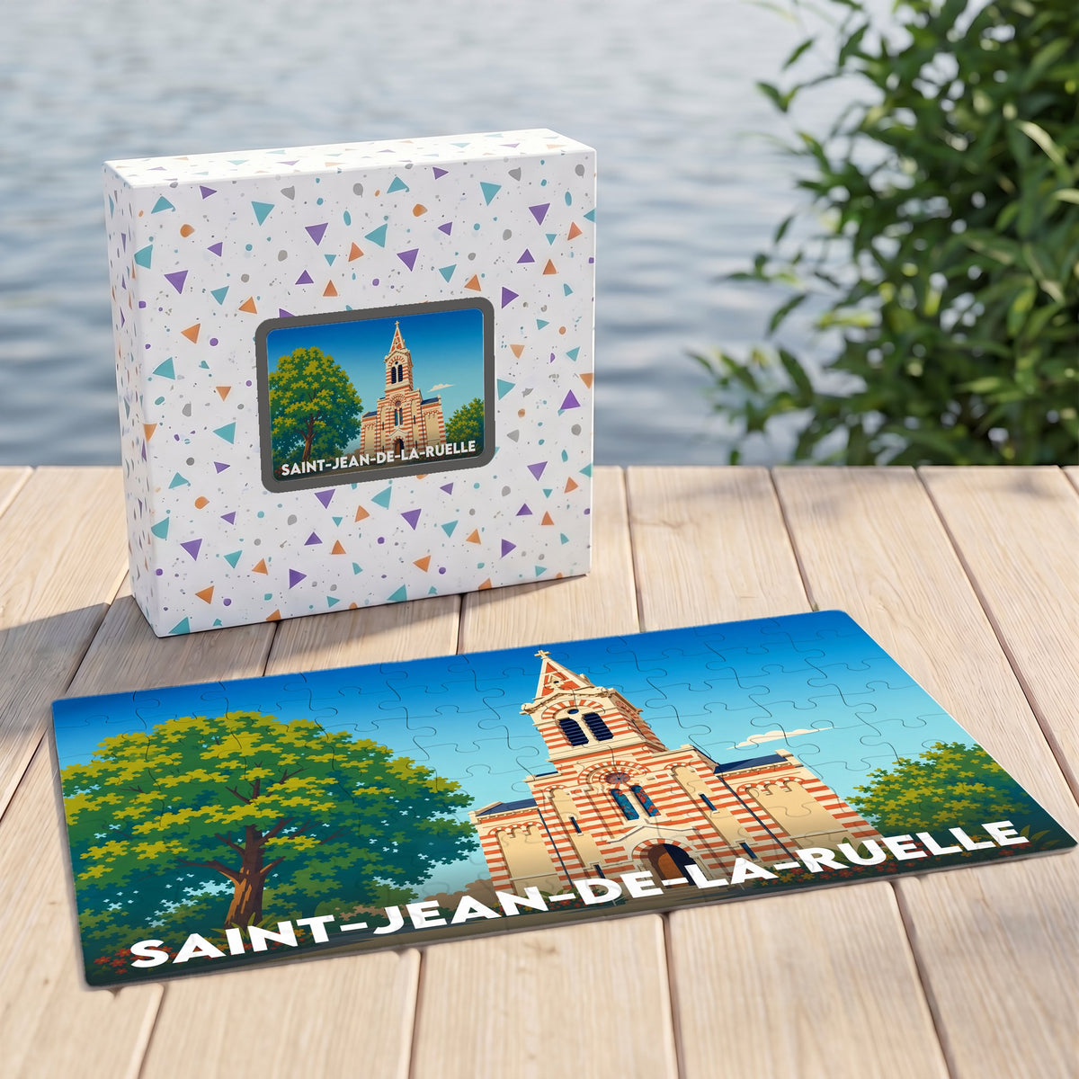 Puzzle souvenir de la ville de Saint-Jean-de-la-Ruelle avec une illustration stylisée de son église.