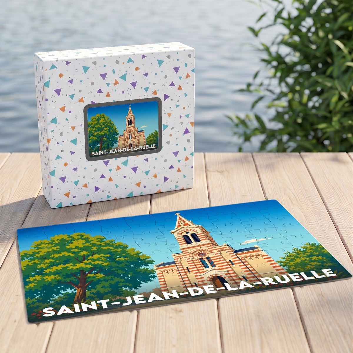Puzzle souvenir de la ville de Saint-Jean-de-la-Ruelle avec une illustration stylisée de son église.