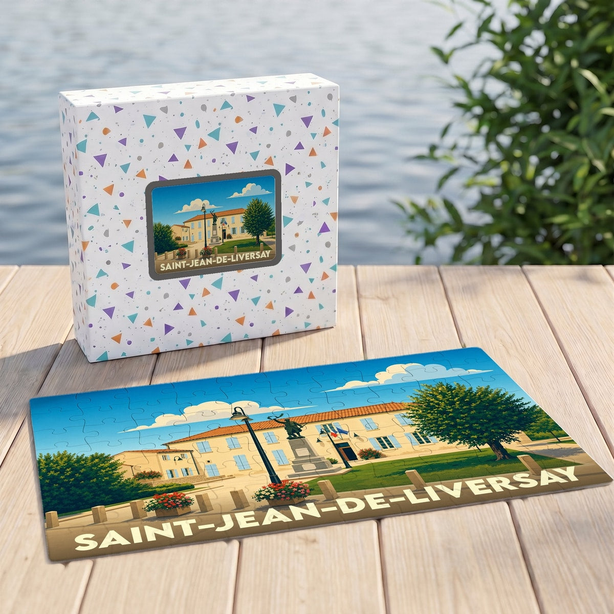 Puzzle souvenir de la ville de Saint-Jean-de-Liversay avec une illustration colorée et stylisée représentant la mairie.