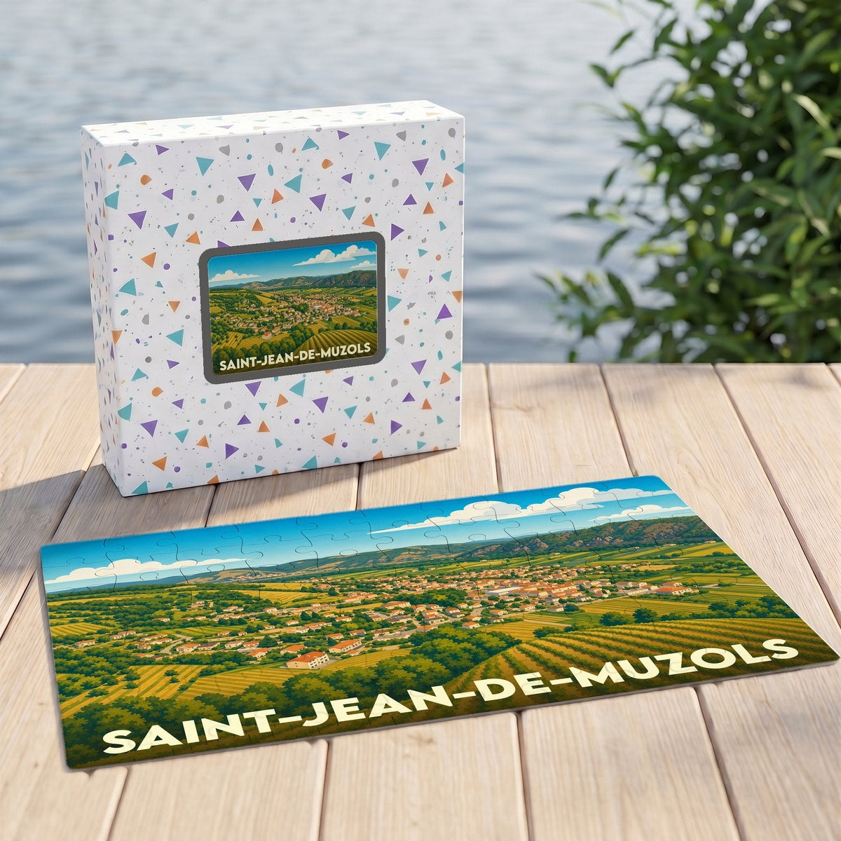 Puzzle souvenir de la ville de Saint-Jean-de-Muzols avec une illustration stylisée de son paysage rural.