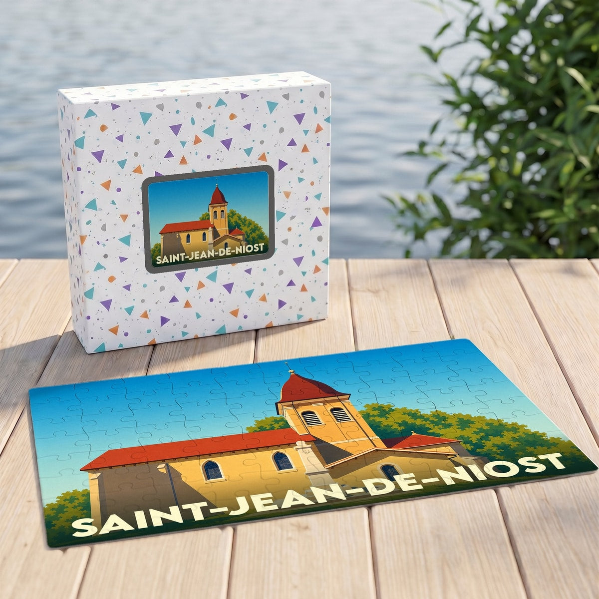 Puzzle souvenir de la ville de Saint-Jean-de-Niost avec une illustration stylisée de son église.