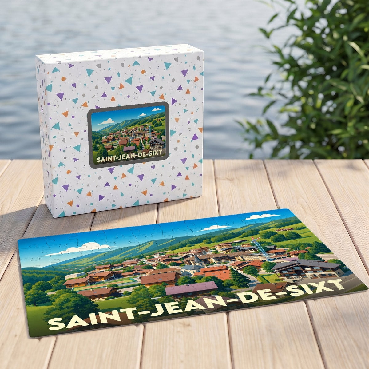 Puzzle souvenir de la ville de Saint-Jean-de-Sixt avec une illustration stylisée de ses paysages de montagne.