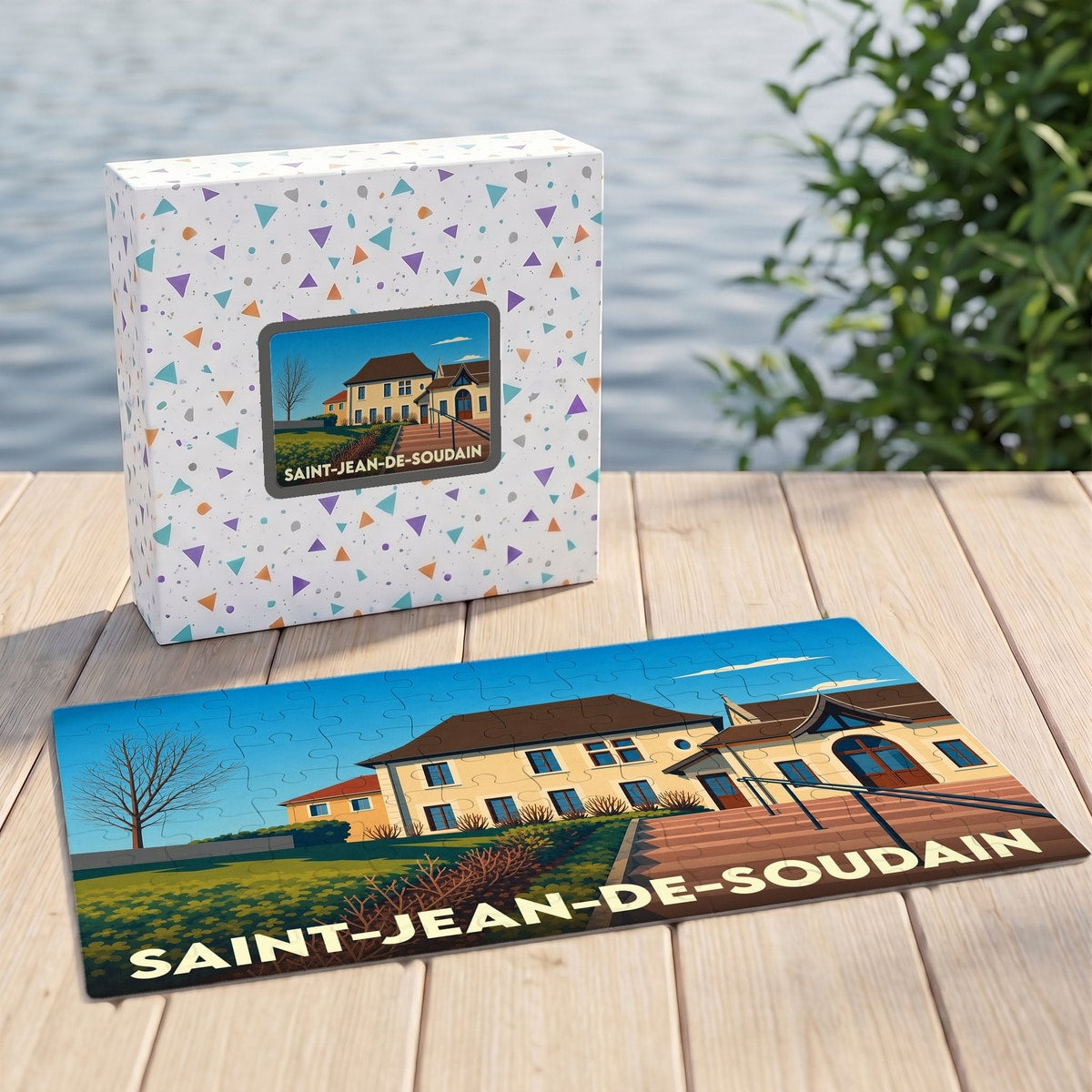 Puzzle souvenir de la ville de Saint-Jean-de-Soudain avec une illustration stylisée.